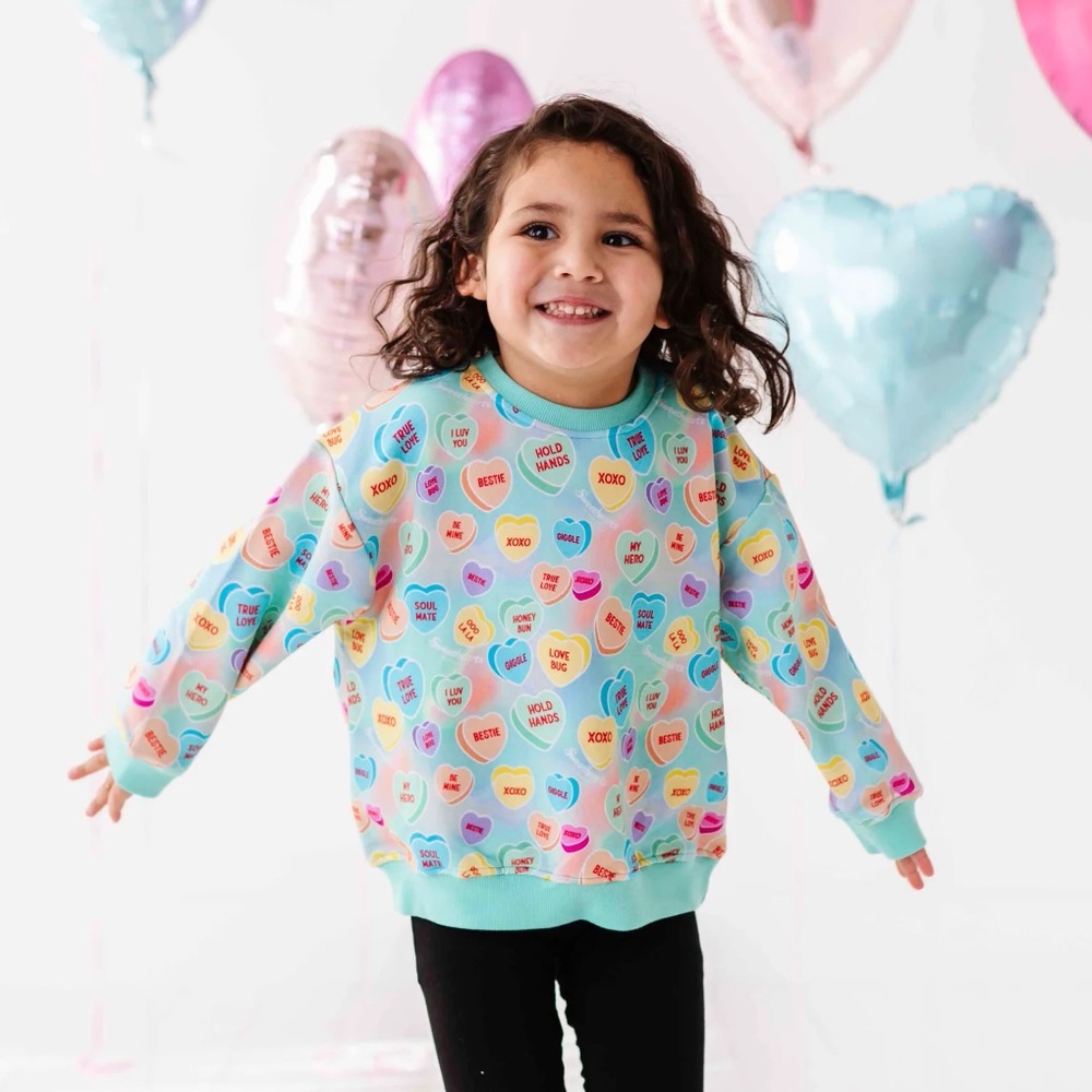 Valentine SweetHearts Conversation Hearts Candy Bamboo Crewneck Tie Dye Pullover